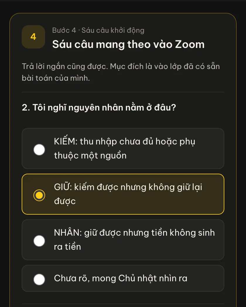 Bài thực hành chia bước: câu hỏi trắc nghiệm về nguyên nhân, đã chọn đáp án GIỮ.