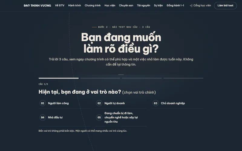 Bài test nhu cầu 3 câu ở trang chủ